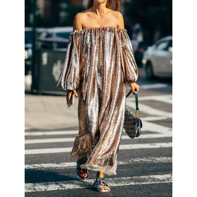 Elasticity Pleated Sequined Split-Joint Long Sleeves Loose Off-the-shoulder Maxi Dresses