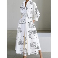Long Sleeves Loose Letter Print Lapel Midi Shirt Dresses
