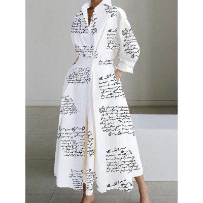 Long Sleeves Loose Letter Print Lapel Midi Shirt Dresses