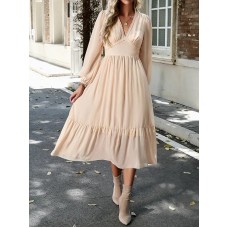 Pleated Solid Color Split-Joint A-Line High Waisted V-Neck Midi Dresses