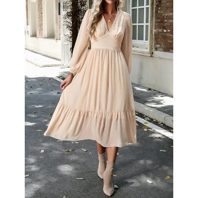 Pleated Solid Color Split-Joint A-Line High Waisted V-Neck Midi Dresses