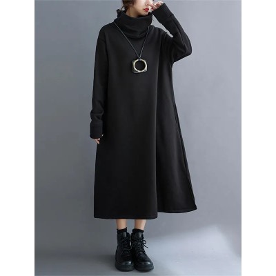 Pockets Solid Color Split-Side Velvet A-Line Long Sleeves High Neck Midi Dresses