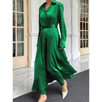 Solid Color Long Sleeves V-neck Maxi Dresses