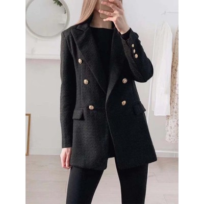 Blazer Women Traf Fashion Metal Double Breasted Woollen Blazers Coat Vintage Long Sleeve Female Outerwear Chic Tops